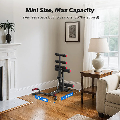 Adjustable Blue Steel Squat Assist Frame For Glute And Quad Growth Heavy Duty Beast Mode Leg Day Crusher With Four Resistance Levels in living room showing dimensions.