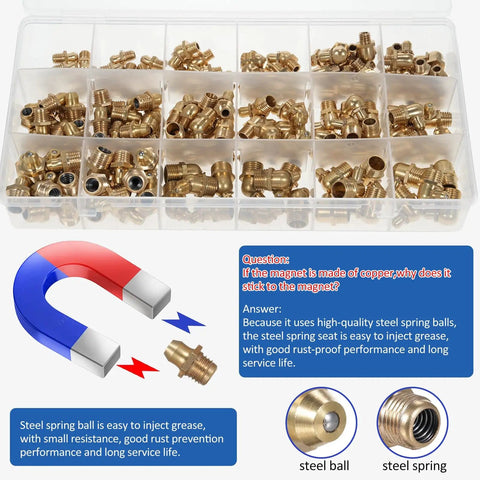 Copper Zerk Grease Nipple Fittings Kit with M6 M8 M10 Threads, 165-piece, shown in organizer, with steel spring ball detail.