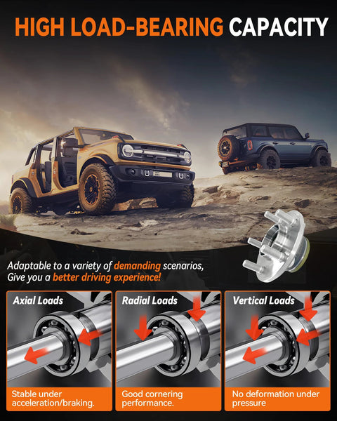 Front Wheel Bearing Hub Assembly 513224 For Dodge Challenger 2008 To 2014, Charger 2006 To 2014, Magnum 2005 To 2008, Chrysler 300 2005 To 2014 With ABS 5 Lug RWD Replacement Hub shown in load-bearing scenarios with off-road vehicles.