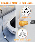 Heavy Duty 30 Amp To 20 Amp Dryer To Electric Vehicle Charger Adapter Nema 10 30P To 5 15 20R Male Plug in use with EV charger.