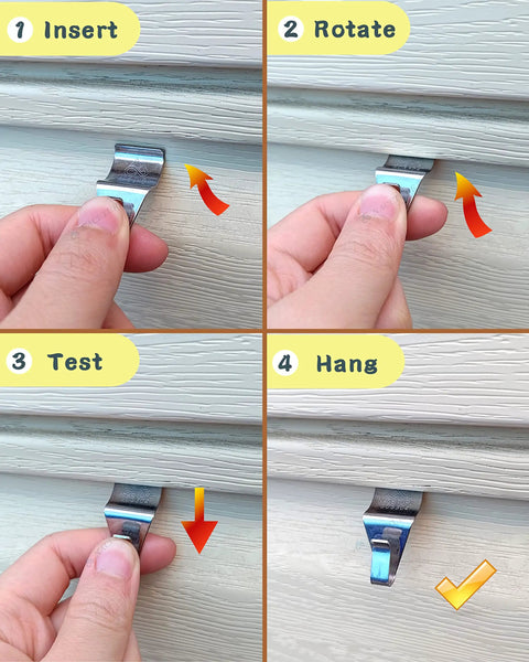 Vinyl Siding Hooks 20 Pack Heavy Duty Siding Clips installation steps for outdoor decor hanging on patio, no holes required.