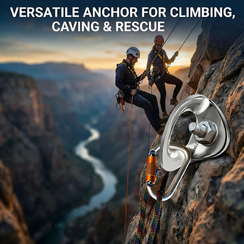 Ten Pack 25KN Marine Grade 316 Stainless Steel Climbing Bolt Hangers And Anchor Plates For Top Rope Lead Climbing Rappelling And Rescue Always Send It With Beefy Field Hardware on rock face with climbers.