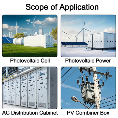 Scope of application for PV Solar Fuse Holder 2 Pole DIN Rail Mount For 10 X 38mm Fuses, HSPV-30D shown in various installations.