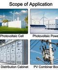 Scope of Application for PV Solar Fuse Holder with images of Photovoltaic Cell, Photovoltaic Power, AC Distribution Cabinet, PV Combiner Box