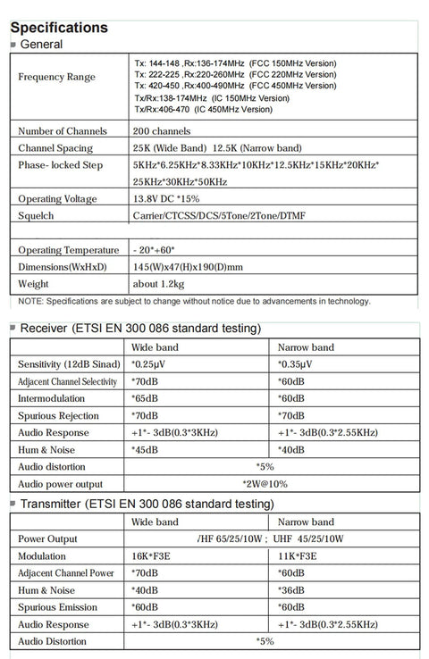 Specifications sheet for Car Mobile Transceiver 60W VHF 2M Ham Radio With USB Programming Cable BeefedUp Power 144 148 MHz TX 136 174 MHz RX