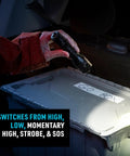 Person using PowerSwitch Dual Color LED Flashlight With Rechargeable Battery And Dual Power Sources For First Responders And Law Enforcement White And Red LEDs Twist Head For Quick Color Switch And Preserved Night Vision Tactical Handheld Light on a storage box