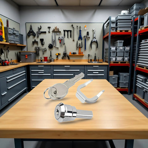 Sturdy Stainless Toolbox Lock And Cabinet Drawer Lock Set With 180 Degree Rotation Unlocking Built Tough Universal Design 1 Cylinder 1 Fastening Tab And 2 Keys Heavy Duty Iron Hardware For Secure Toolboxes And Cabinets.
