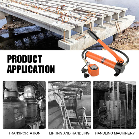 Orange 10-ton hydraulic jack with CP-180 manual pump and hoses, side view