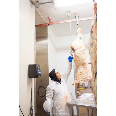 Winch cable with hook lifting a carcass in a meat processing plant; worker in a white coat and blue gloves