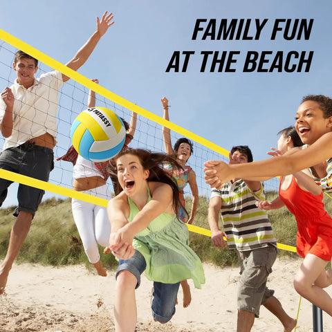 Family playing beach volleyball with Portable Outdoor Volleyball Net System With Adjustable Height Poles Includes Volleyball.