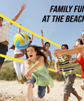 People playing with Portable Outdoor Volleyball Net System With Adjustable Height Poles Includes Volleyball on a beach.