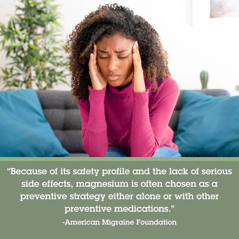 MigShield Magnesium Supplement With Riboflavin And CoQ10 60 Tablets For That Daily Energy Boost And Total Body Wellness From A Magnesium Oxide And Citrate Blend, woman holding head