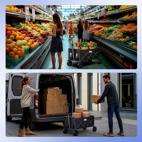 Collapsible Folding Wagon With 180lb Capacity Lightweight Utility Cart in grocery store with vegetables and boxes