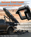 Rock Solid Heavy Duty Mounting Clamps For Truck Cap And Camper Shell Hardware Locks In Tight On The Road Fits Silverado Sierra Ram F150 close-up on black aluminum clamp securing a kayak on a truck.