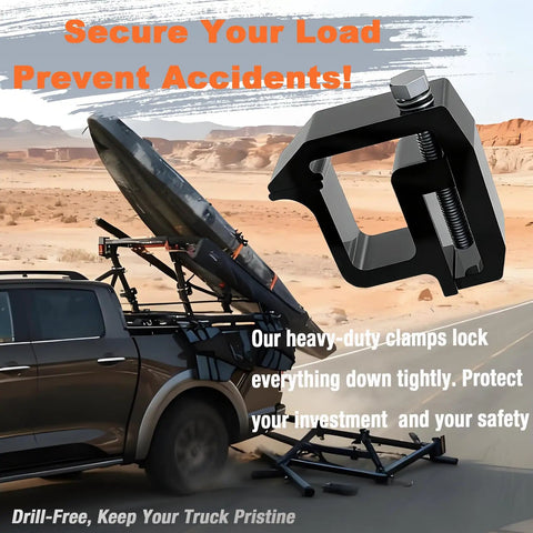 Rock Solid Heavy Duty Mounting Clamps For Truck Cap And Camper Shell Hardware Locks In Tight On The Road Fits Silverado Sierra Ram F150 close-up on black aluminum clamp securing a kayak on a truck.