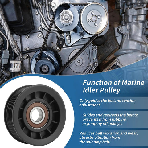 High-Quality Serpentine Belt Idler Pulley For Mercruiser 4.3L 5.0L 5.7L 6.2L Motors showing installation in engine.