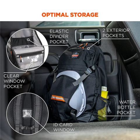 Arsenal 5188 Jobsite Backpack with 39L capacity showcasing hard hat storage and multiple pockets in vehicle seat.