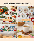 Finished products made with Dope All In One Punch Needle Kit For DIY Embroidery, showing accessories, decoration, pillows, and coasters.