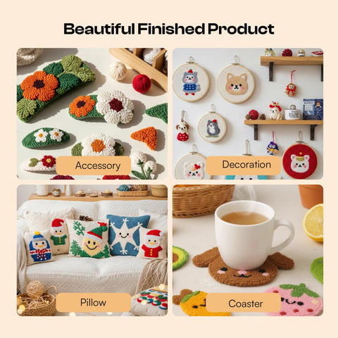 Finished products made with Dope All In One Punch Needle Kit For DIY Embroidery, showing accessories, decoration, pillows, and coasters.