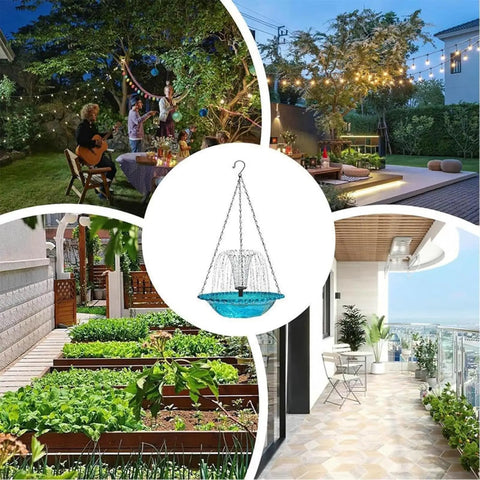 Cascade Hanging Bird Bath Fountain For Outdoor Garden Decor, Solar Powered Bird Bath With Water Pump in various garden settings