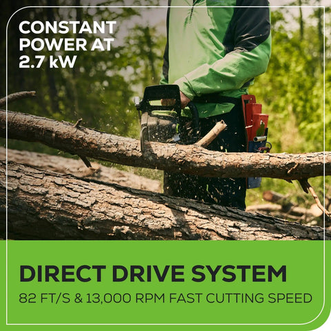Person using 82V 18 Inch Brushless Cordless Chainsaw With 2.7kW Power in a forest setting, cutting a tree