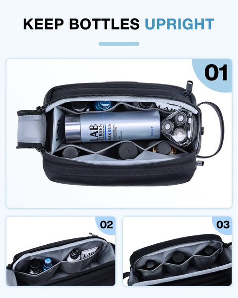 Men Toiletry Bag Large Travel Organizer Dopp Kit Water Resistant PU Leather Exterior With Wide Opening Interior Compartments For Grooming Essentials In Black showing interior compartments holding bottles upright.