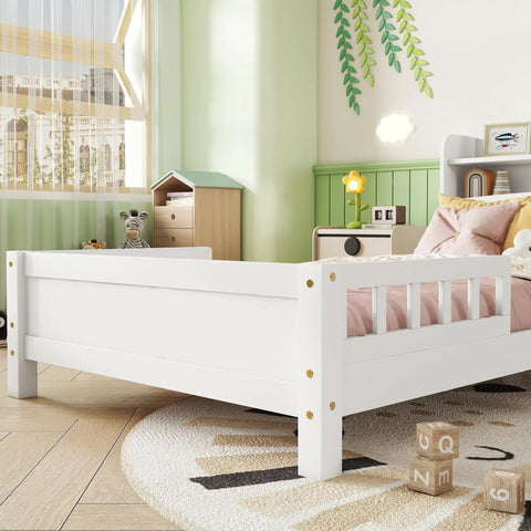 Pine Wood Bed With Bookcase Headboard And LED Motion Sensor Light White Finish Built In Guardrails Kid Friendly Bedroom