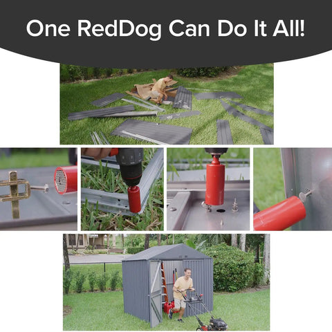 Collage showing red Go To Socket Tool With Drill Adapter For Nuts Bolts And More Turns Steel Rods Into Any Shape in various uses.