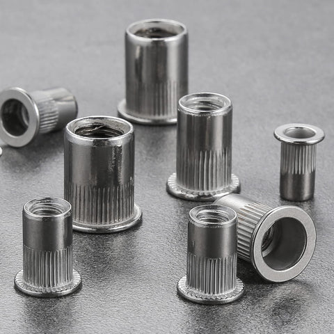 M6 Stainless Steel 304 Rivet Nuts Flat Head Rivnut Threaded Inserts Knurled Body, 200 Pcs, shown on metal surface