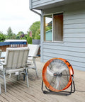 Outdoor view of Drum Fan 24 Inch High Velocity Floor Fan 8700 CFM Heavy Duty Industrial Ventilation for patio cooling