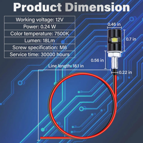 Dimensions and specs of 2 Pack White LED License Plate Lights for Motorcycle and Car, Waterproof Tag Lamp Bulbs.