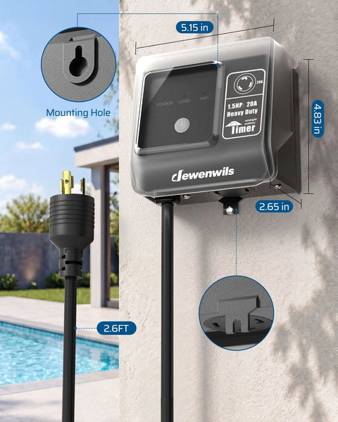 Smart WiFi Pool Timer With No Sweat Plug And Play Design Effortless Phone App Control For Heavy Duty 20 Amp Pool Pumps And Outdoor Yard Automation Nema L5 To 20R Outlet Adapter mounted on a wall with a 2.6ft power cord.