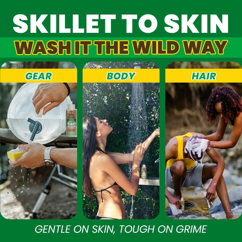 Biodegradable Camping Soap For Dishes, Body, Hands, And Clothes With Sage Scent 4oz used on gear, body, hair in outdoor setting