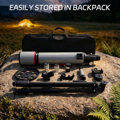 90mm Refractor Telescope For Adults And Kids Beginners With 600mm Focal Length And Fully Coated Green Optics Glass Delivers Bright Clear Views For Easy Stargazing At Home, with backpack and tripod
