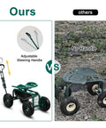 Comparison of garden cart with rolling seat and adjustable handle versus one without handle; showing handy tool tray and easy mobility.