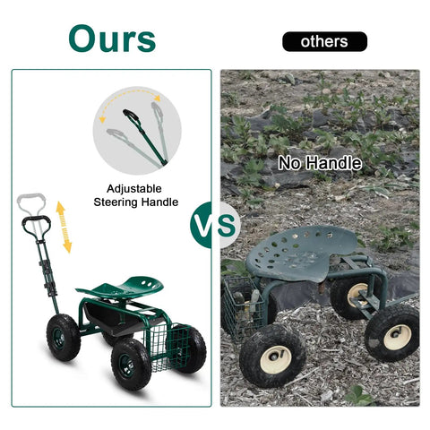 Comparison of garden cart with rolling seat and adjustable handle versus one without handle; showing handy tool tray and easy mobility.