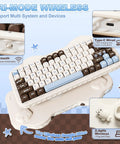 Killer 75 Percent Wireless Mechanical Keyboard With Cute Cake Theme And Compact Layout Featuring Smooth Choco And Candy Switches For A Sweet Gaming Setup And Dope Desk Vibes showing its tri-mode wireless and charging features.