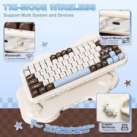 Killer 75 Percent Wireless Mechanical Keyboard With Cute Cake Theme And Compact Layout Featuring Smooth Choco And Candy Switches For A Sweet Gaming Setup And Dope Desk Vibes showing its tri-mode wireless and charging features.