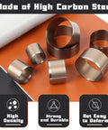 Leather Circle Cutter Tool Set with 21 Sizes from 15 to 55 mm, showing metal dies on table, made of durable high carbon steel.