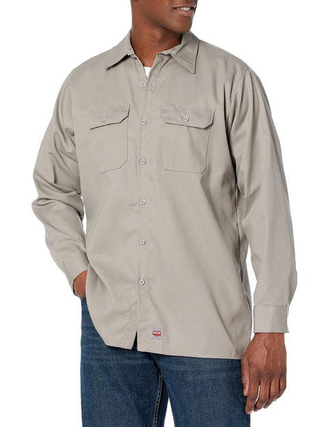 Mens Long Sleeve Utility Work Shirt With Tough Soil Release Fabric And Classic Seven Button Front Featuring Roomy Chest Pockets Built Different For Hardcore Daily Grind And All Week Comfort, gray color, worn by man.