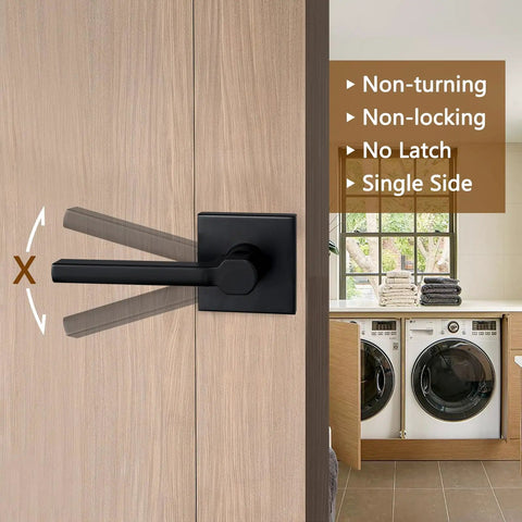 Single Sided Dummy Door Handle For Closet Or Pantry No Turning Matte Black Reversible Interior Push Pull Lever HD1601-DB-Dummy-4P on wood door