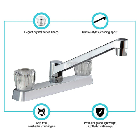 RV Kitchen Sink Faucet With Crystal Acrylic Knobs High Grade Plastic Construction Drip Free Washerless Cartridges