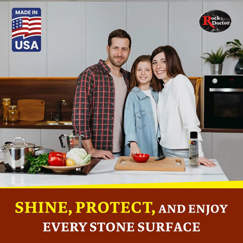 Family in kitchen with Granite Polish Spray For Stone Surfaces 18oz Can Clean And Shine Tile, Marble, Kitchen Countertops, And Natural Stone With Streak Free Finish Pack Of 1 on counter