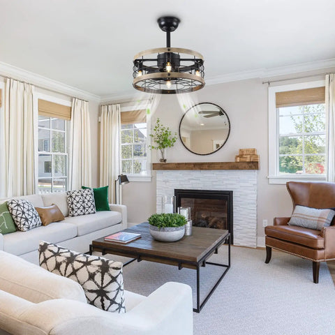 Farmhouse Style Ceiling Fan With Light And Remote Caged Low Profile Flush Mount Ceiling Fan in Black and Wood in living room.