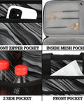 Grey Textured Insulated Picnic Backpack For Women And Men, showing front zipper, inside mesh, side, and front pockets details.