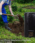 Man shoveling soil near 34 Gallon Outdoor Compost Bag For Garden Use Reusable Heavy Duty Collapsible Yard Waste Sack with Airtight Zippers Waterproof and Sun Resistant, in garden.