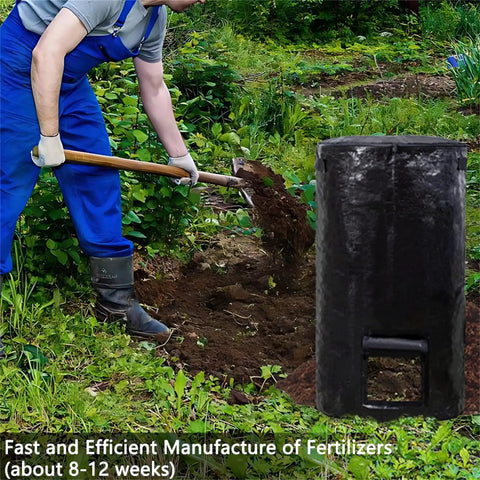 Man shoveling soil near 34 Gallon Outdoor Compost Bag For Garden Use Reusable Heavy Duty Collapsible Yard Waste Sack with Airtight Zippers Waterproof and Sun Resistant, in garden.