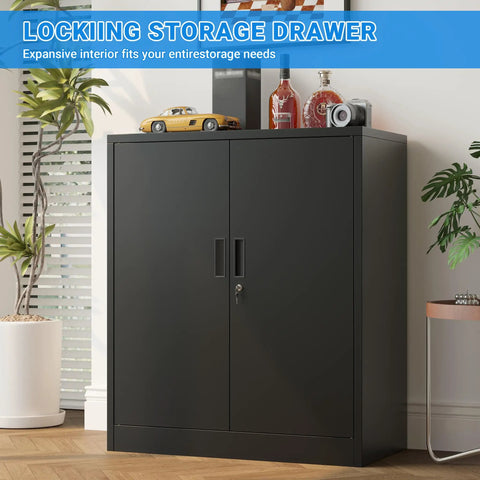 Locking Metal Storage Cabinet With Two Adjustable Shelves 36 Inch High in a home office setting
