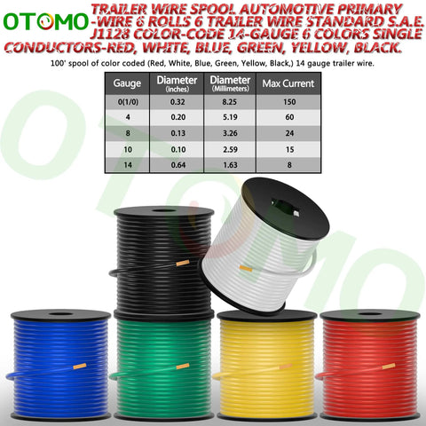 Color Coded 14 Gauge CCA Automotive Primary Wire Set, 6 Rolls Of 100Ft Each, Total 600Ft, White Black Yellow Green Blue Red PVC Jacket