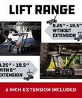 Big Wheel Three In One Garage Jack For Cars Trucks And Motorcycles With One And A Half Ton Capacity And 3000 Pound Lift Off Road Ready With Stable Large Wheels For Easy Maneuvering On Any Surface shown with extension and lift range details